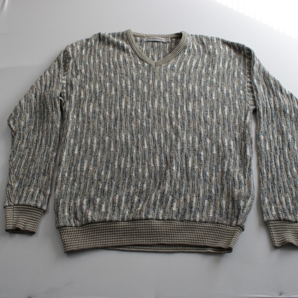 Vintage 90s Shenandoah V-Neck Sweater Mens L Textured Knit Made in USA Grey Tan